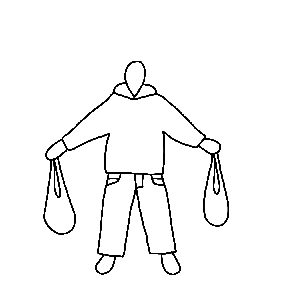 illustrated figure holding bags